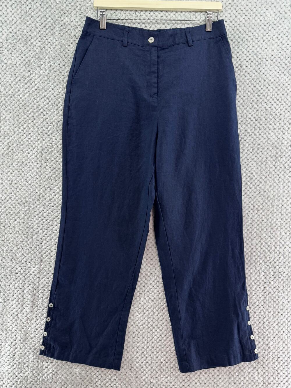 Tahari Linen Nautical Pants Womens Large Navy Blue High Rise Straight Leg New